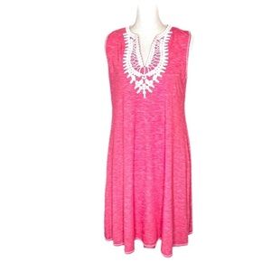 Max Studio Dress Shift Split Neck Crochet Trim Sleeveless Pink size medium.